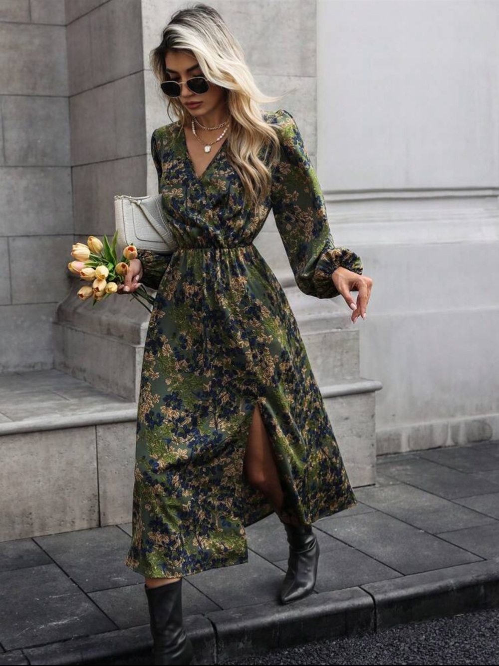 Elegant 🔥 Olive Floral V-Neck Midi Dress with Side Slit